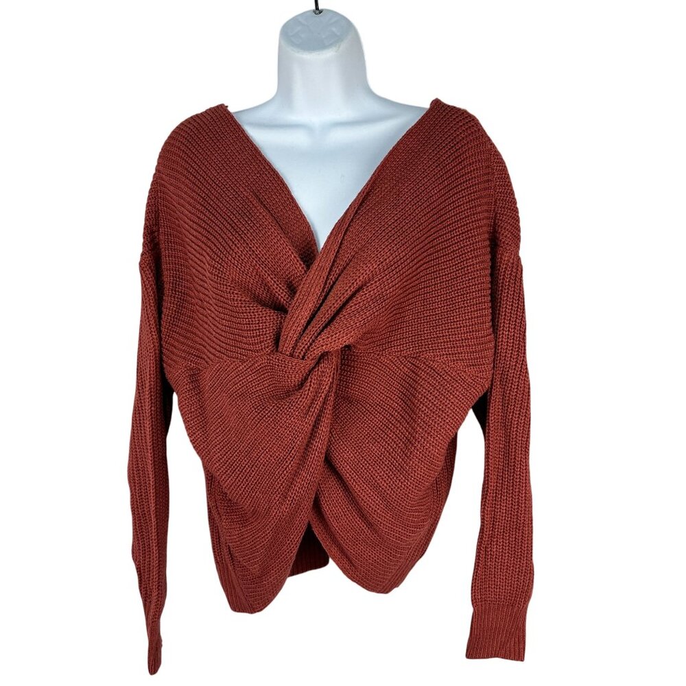 Knotted V Neck Brick Red Sweater Acrylic Long Sleeve Made In China Medium Size